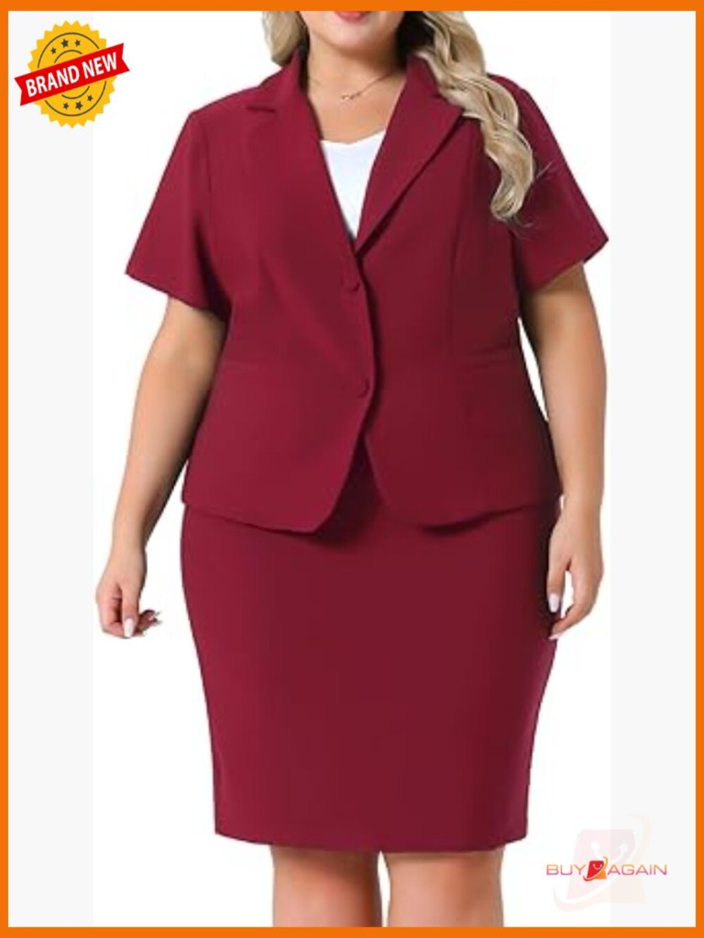Plus Size 2 Piece Blazer Suit Set Notch Lapel Short Sleeve Pencil Skirt